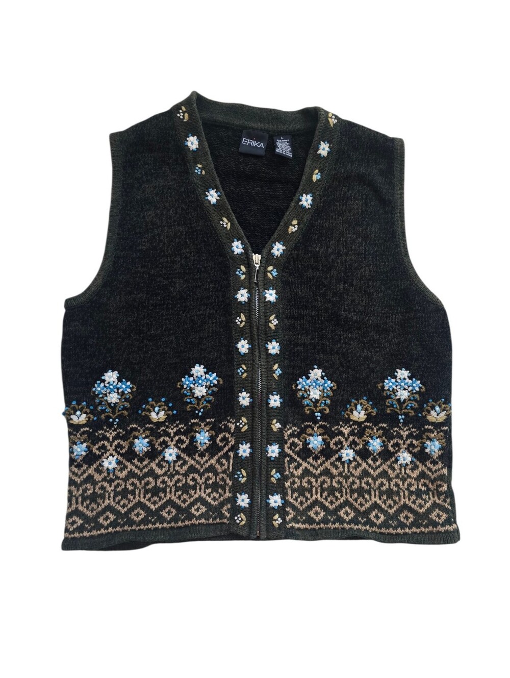 Vintage Erika Women's Greeb Full-Zip Floral Embroidered Knit Vest, Size Large